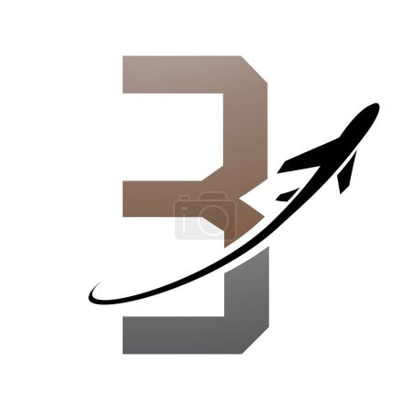 Illustration for Brown and Black Futuristic Letter B Icon with an Airplane on a White Background - Royalty Free Image