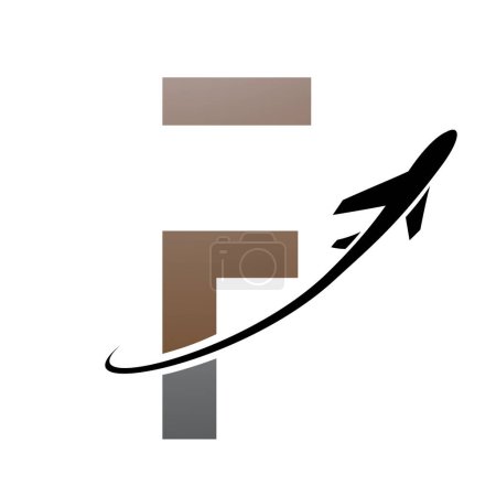 Ilustración de Icono de letra F futurista marrón y negro con un avión sobre un fondo blanco - Imagen libre de derechos