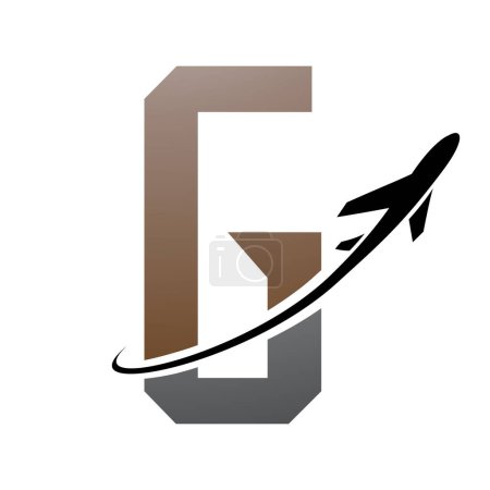 Illustration for Brown and Black Futuristic Letter G Icon with an Airplane on a White Background - Royalty Free Image