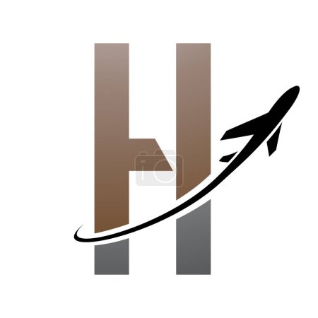Illustration for Brown and Black Futuristic Letter H Icon with an Airplane on a White Background - Royalty Free Image