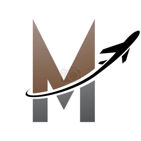 Ilustración de Icono de la letra M futurista marrón y negro con un avión sobre un fondo blanco - Imagen libre de derechos