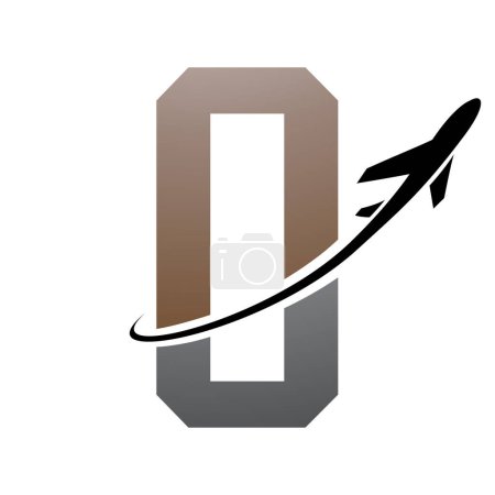 Illustration for Brown and Black Futuristic Letter O Icon with an Airplane on a White Background - Royalty Free Image