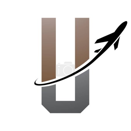 Illustration for Brown and Black Futuristic Letter U Icon with an Airplane on a White Background - Royalty Free Image