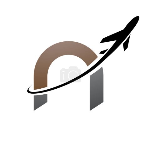 Illustration for Brown and Black Lowercase Letter N Icon with an Airplane on a White Background - Royalty Free Image