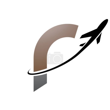 Illustration for Brown and Black Lowercase Letter R Icon with an Airplane on a White Background - Royalty Free Image