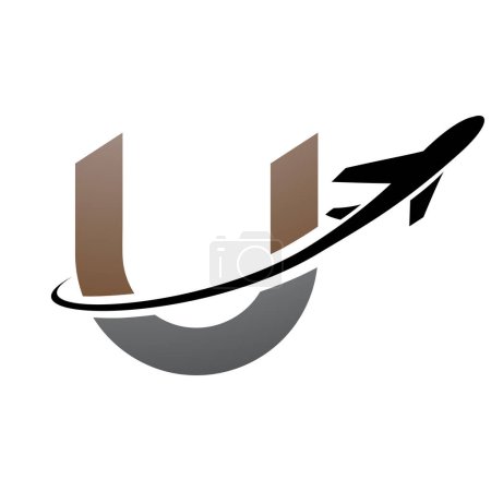 Illustration for Brown and Black Lowercase Letter U Icon with an Airplane on a White Background - Royalty Free Image