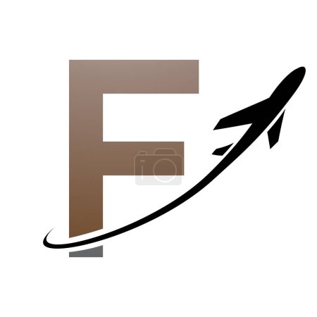 Illustration for Brown and Black Uppercase Letter F Icon with an Airplane on a White Background - Royalty Free Image