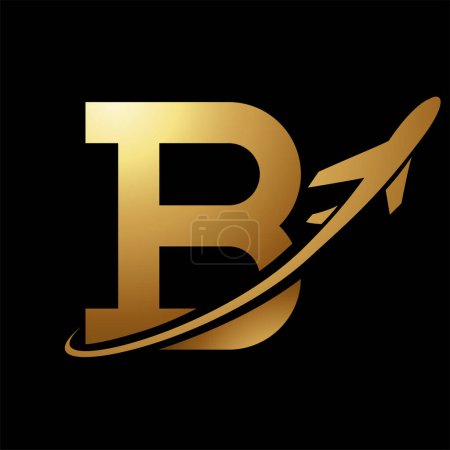 Illustration for Glossy Gold Antique Letter B Icon with an Airplane on a Black Background - Royalty Free Image