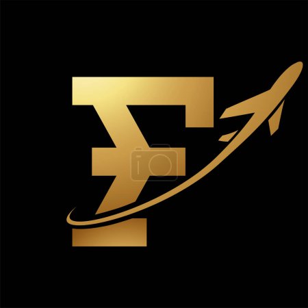 Illustration for Glossy Gold Antique Letter F Icon with an Airplane on a Black Background - Royalty Free Image