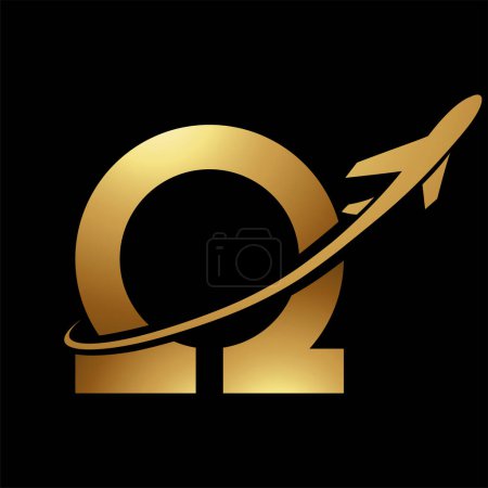 Illustration for Glossy Gold Antique Letter N Icon with an Airplane on a Black Background - Royalty Free Image