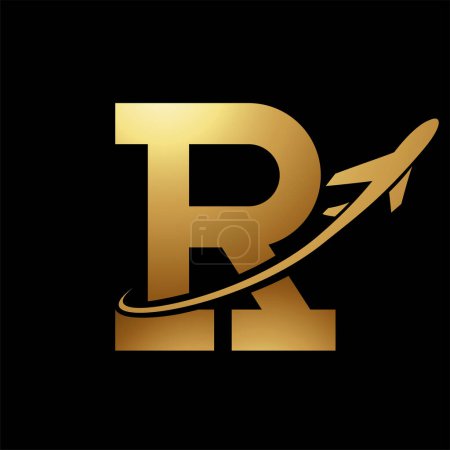 Ilustración de Brillante oro antigua letra R icono con un avión sobre un fondo negro - Imagen libre de derechos