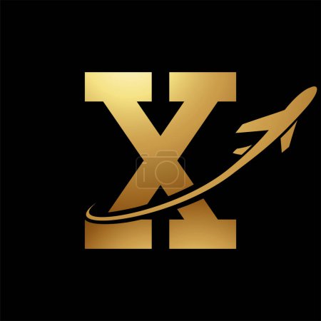 Ilustración de Brillante oro antigua letra X icono con un avión sobre un fondo negro - Imagen libre de derechos
