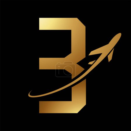 Illustration for Glossy Gold Futuristic Letter B Icon with an Airplane on a Black Background - Royalty Free Image