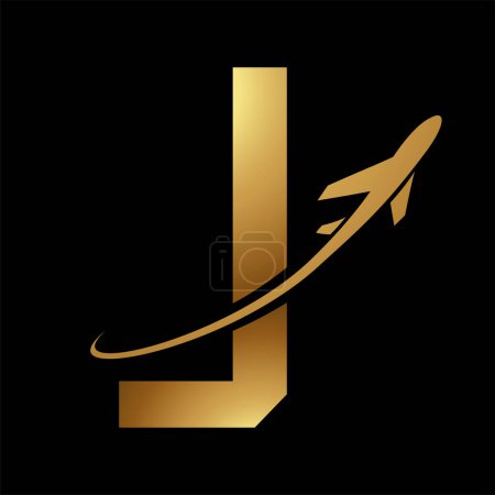 Illustration for Glossy Gold Futuristic Letter J Icon with an Airplane on a Black Background - Royalty Free Image