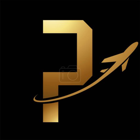 Illustration for Glossy Gold Futuristic Letter P Icon with an Airplane on a Black Background - Royalty Free Image