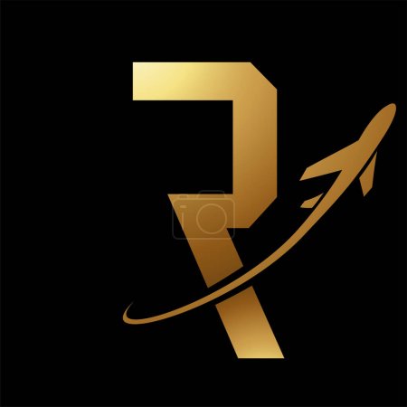 Illustration for Glossy Gold Futuristic Letter R Icon with an Airplane on a Black Background - Royalty Free Image
