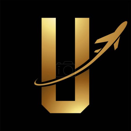 Illustration for Glossy Gold Futuristic Letter U Icon with an Airplane on a Black Background - Royalty Free Image