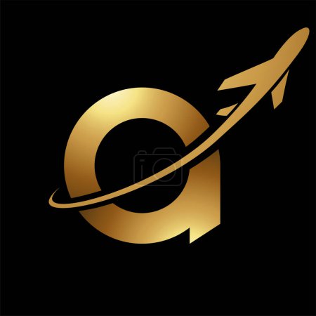 Illustration for Glossy Gold Lowercase Letter A Icon with an Airplane on a Black Background - Royalty Free Image
