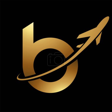 Ilustración de Icono brillante de la letra B de la minúscula del oro con un avión en un fondo negro - Imagen libre de derechos