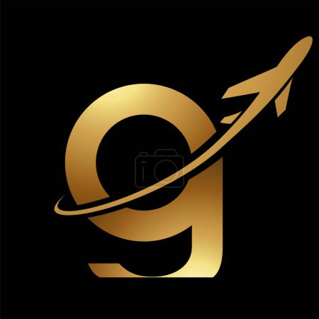 Illustration for Glossy Gold Lowercase Letter G Icon with an Airplane on a Black Background - Royalty Free Image