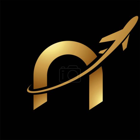 Illustration for Glossy Gold Lowercase Letter N Icon with an Airplane on a Black Background - Royalty Free Image
