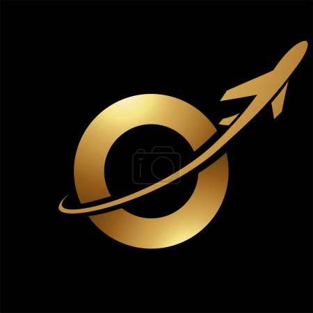Illustration for Glossy Gold Lowercase Letter O Icon with an Airplane on a Black Background - Royalty Free Image