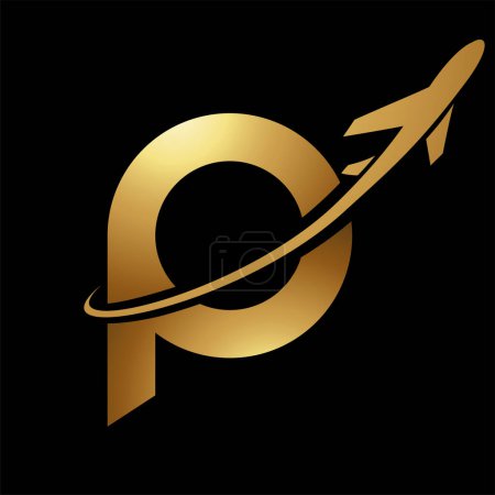 Illustration for Glossy Gold Lowercase Letter P Icon with an Airplane on a Black Background - Royalty Free Image