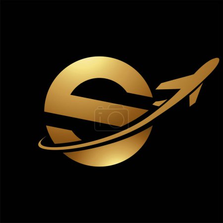 Illustration for Glossy Gold Lowercase Letter S Icon with an Airplane on a Black Background - Royalty Free Image