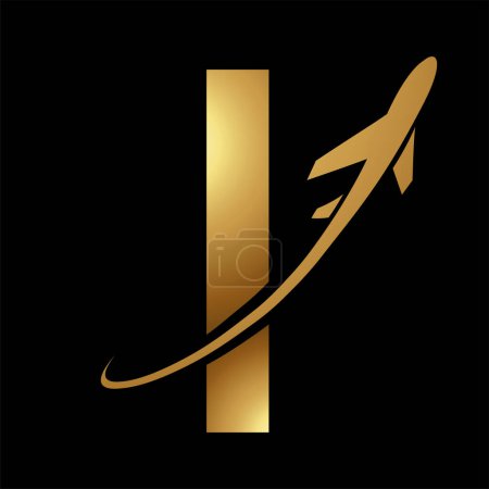 Illustration for Glossy Gold Uppercase Letter I Icon with an Airplane on a Black Background - Royalty Free Image