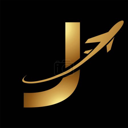 Illustration for Glossy Gold Uppercase Letter J Icon with an Airplane on a Black Background - Royalty Free Image