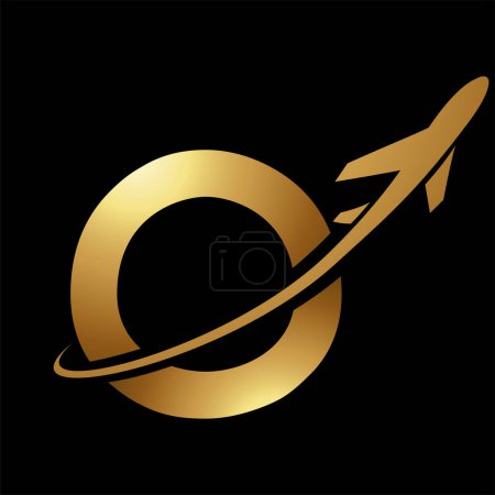 Ilustración de Letra en mayúscula oro brillante O Icono con un avión sobre un fondo negro - Imagen libre de derechos