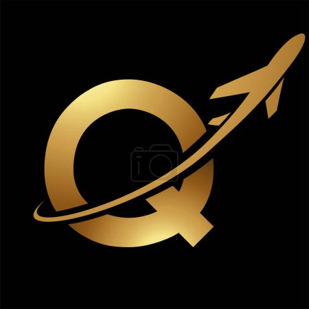 Illustration for Glossy Gold Uppercase Letter Q Icon with an Airplane on a Black Background - Royalty Free Image