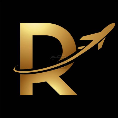 Illustration for Glossy Gold Uppercase Letter R Icon with an Airplane on a Black Background - Royalty Free Image