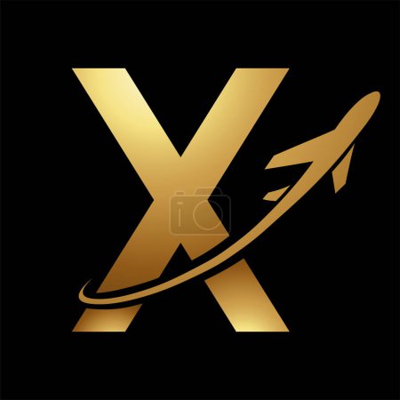 Ilustración de Letra en mayúscula de oro brillante X Icono con un avión sobre un fondo negro - Imagen libre de derechos