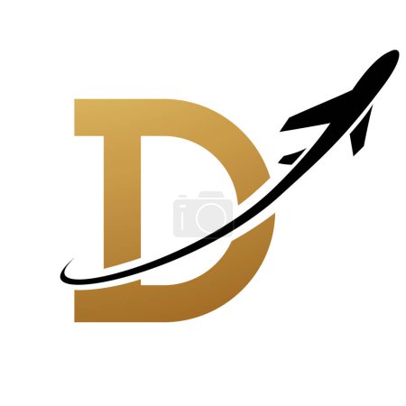 Illustration for Gold and Black Antique Letter D Icon with an Airplane on a White Background - Royalty Free Image