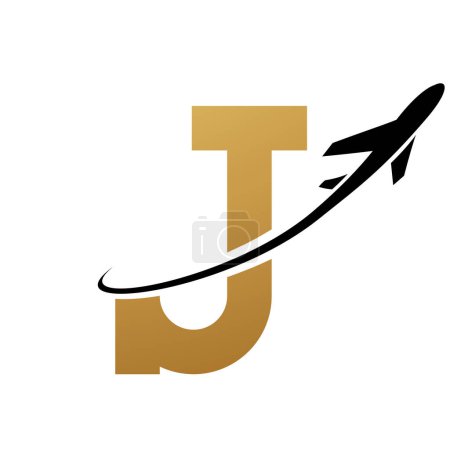 Illustration for Gold and Black Antique Letter J Icon with an Airplane on a White Background - Royalty Free Image