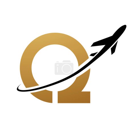 Illustration for Gold and Black Antique Letter Q Icon with an Airplane on a White Background - Royalty Free Image