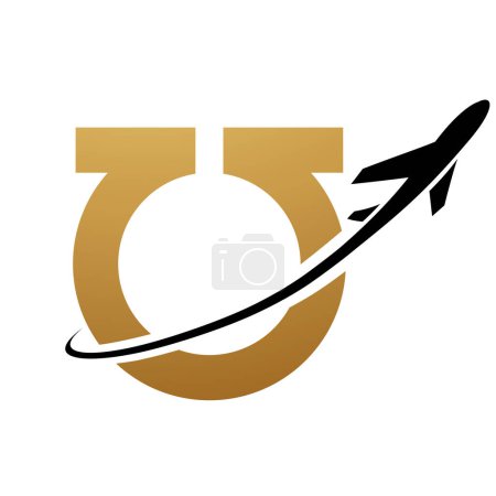 Illustration for Gold and Black Antique Letter U Icon with an Airplane on a White Background - Royalty Free Image