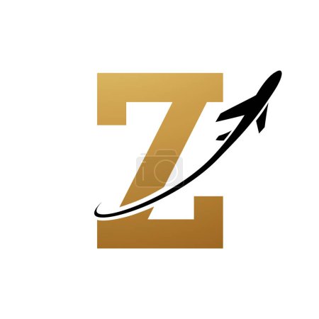 Illustration for Gold and Black Antique Letter Z Icon with an Airplane on a White Background - Royalty Free Image