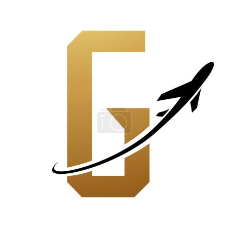 Illustration for Gold and Black Futuristic Letter G Icon with an Airplane on a White Background - Royalty Free Image