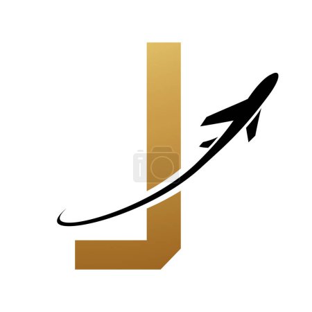 Illustration for Gold and Black Futuristic Letter J Icon with an Airplane on a White Background - Royalty Free Image