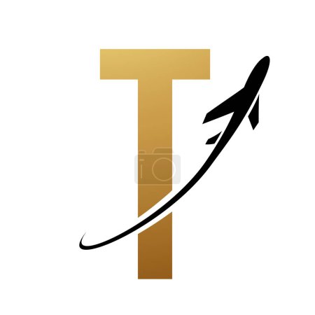 Illustration for Gold and Black Futuristic Letter T Icon with an Airplane on a White Background - Royalty Free Image