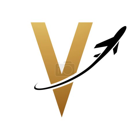 Illustration for Gold and Black Futuristic Letter V Icon with an Airplane on a White Background - Royalty Free Image