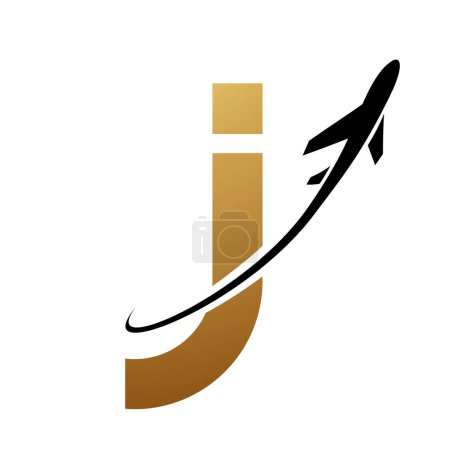 Ilustración de Letra de oro y negro minúscula J icono con un avión sobre fondo blanco - Imagen libre de derechos