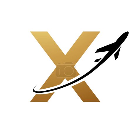 Illustration for Gold and Black Lowercase Letter X Icon with an Airplane on a White Background - Royalty Free Image