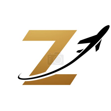 Ilustración de Oro y Negro minúscula letra Z icono con un avión sobre un fondo blanco - Imagen libre de derechos