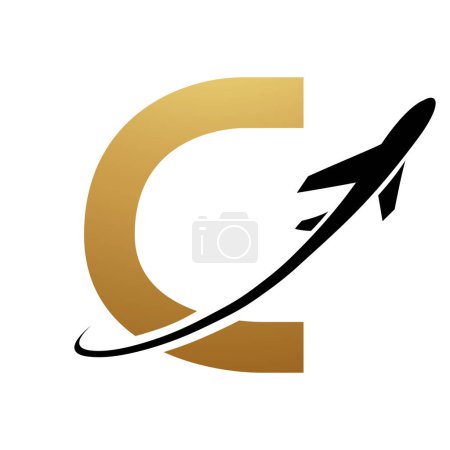 Illustration for Gold and Black Uppercase Letter C Icon with an Airplane on a White Background - Royalty Free Image