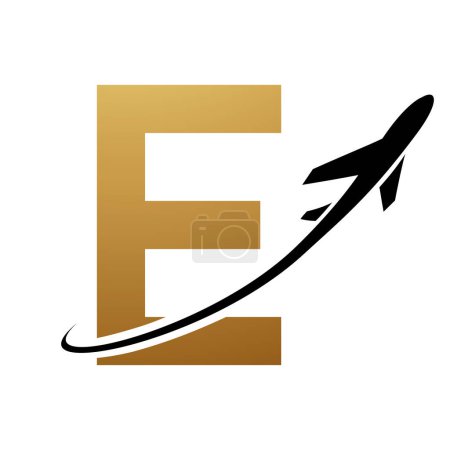 Ilustración de Oro y negro mayúscula letra E icono con un avión sobre un fondo blanco - Imagen libre de derechos