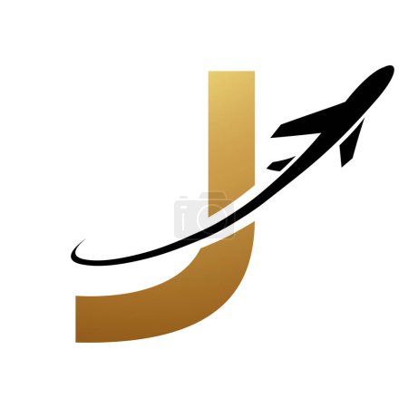 Illustration for Gold and Black Uppercase Letter J Icon with an Airplane on a White Background - Royalty Free Image