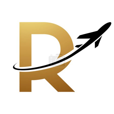 Illustration for Gold and Black Uppercase Letter R Icon with an Airplane on a White Background - Royalty Free Image
